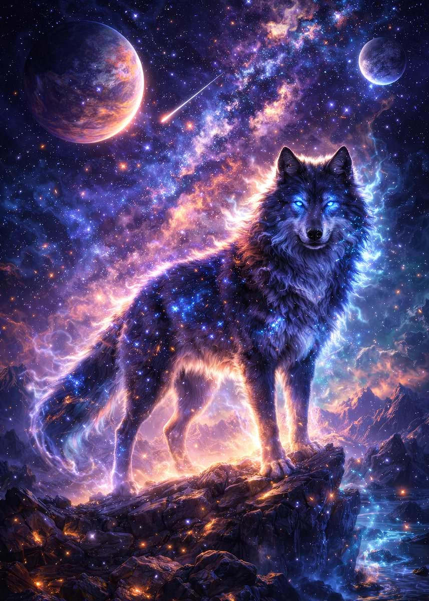 Cosmic Wolf in Nebula' Poster, picture, metal print, paint by