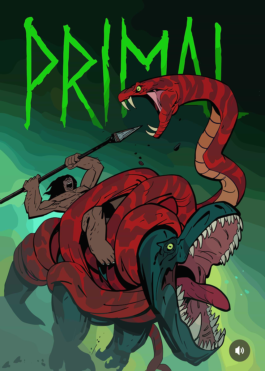 'Primal Caveman Fights Dinosaur and Snake' Poster, picture, metal print ...