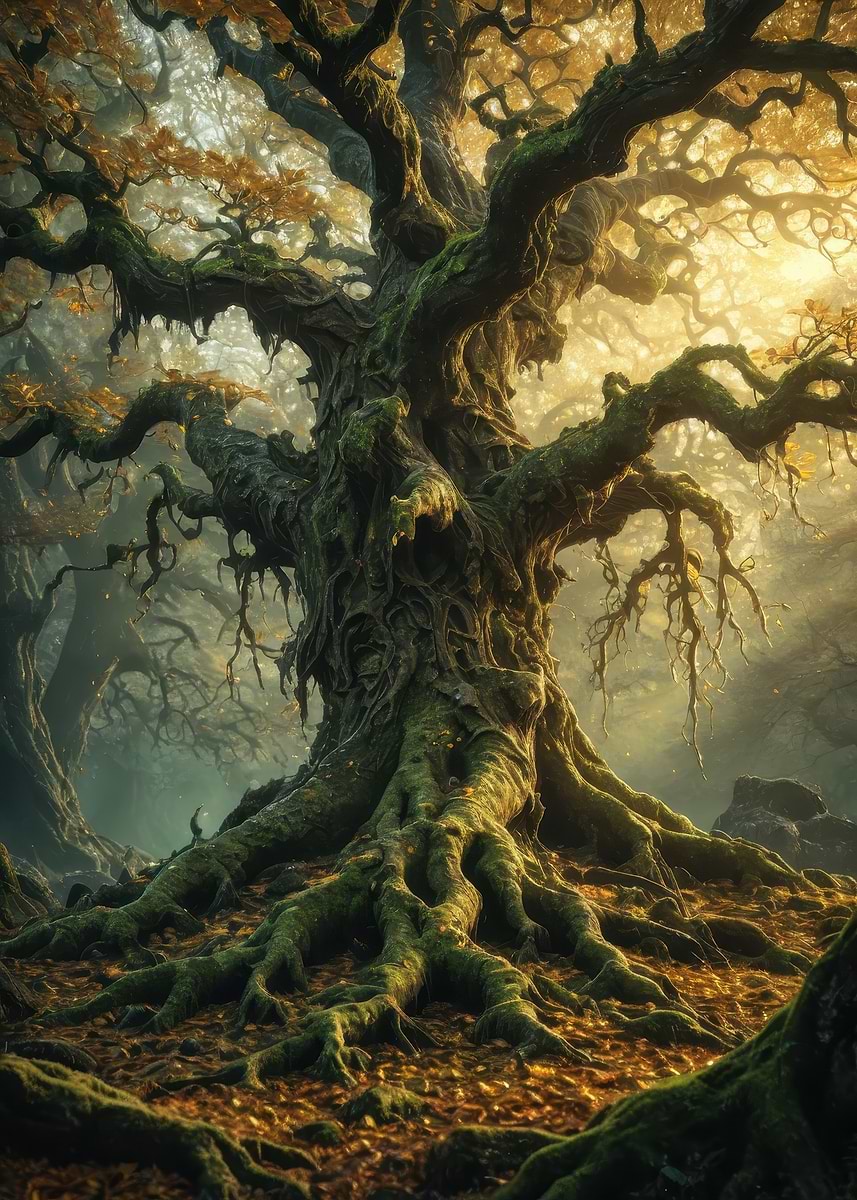 'Ancient Enchanted Tree in a Golden Forest — Mystical Fantasy ...