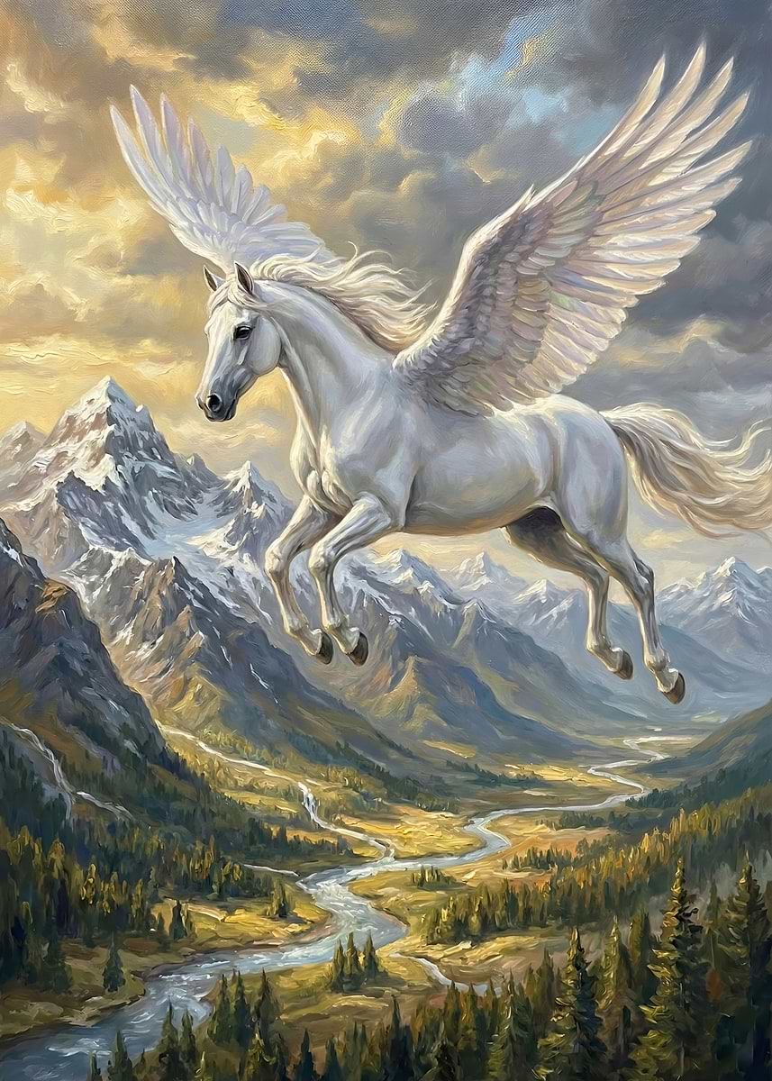 Pegasus Flying Over Mountains' Poster, picture, metal print, paint