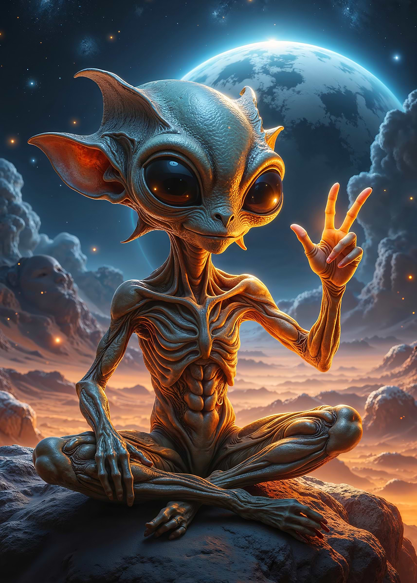 'Alien Making Peace Sign' Poster, picture, metal print, paint by ...