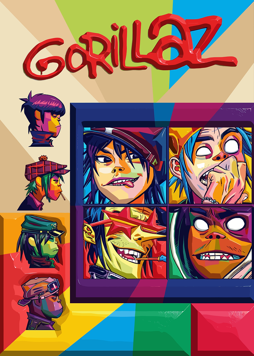 Poster Laminato Pyramid America Gorillaz - 'All Here Family' 60x90 Cm - Ritratto Della Band, Superficie Cancellabile A Secco - 3