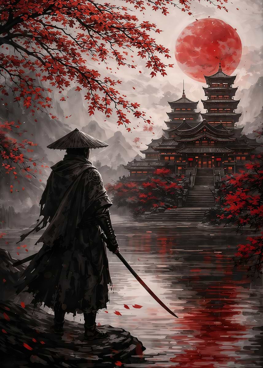 Samurai by a Red Moon Temple' Poster, picture, metal print, paint