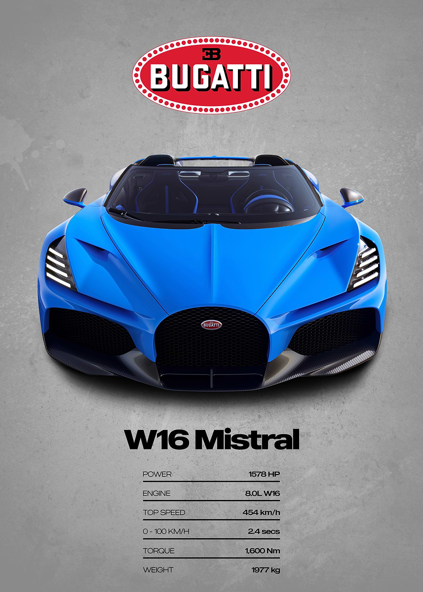 Mistral Raptor Picture 'Bugatti W16 Mistral Car Poster' Poster, picture, metal print, paint by ...