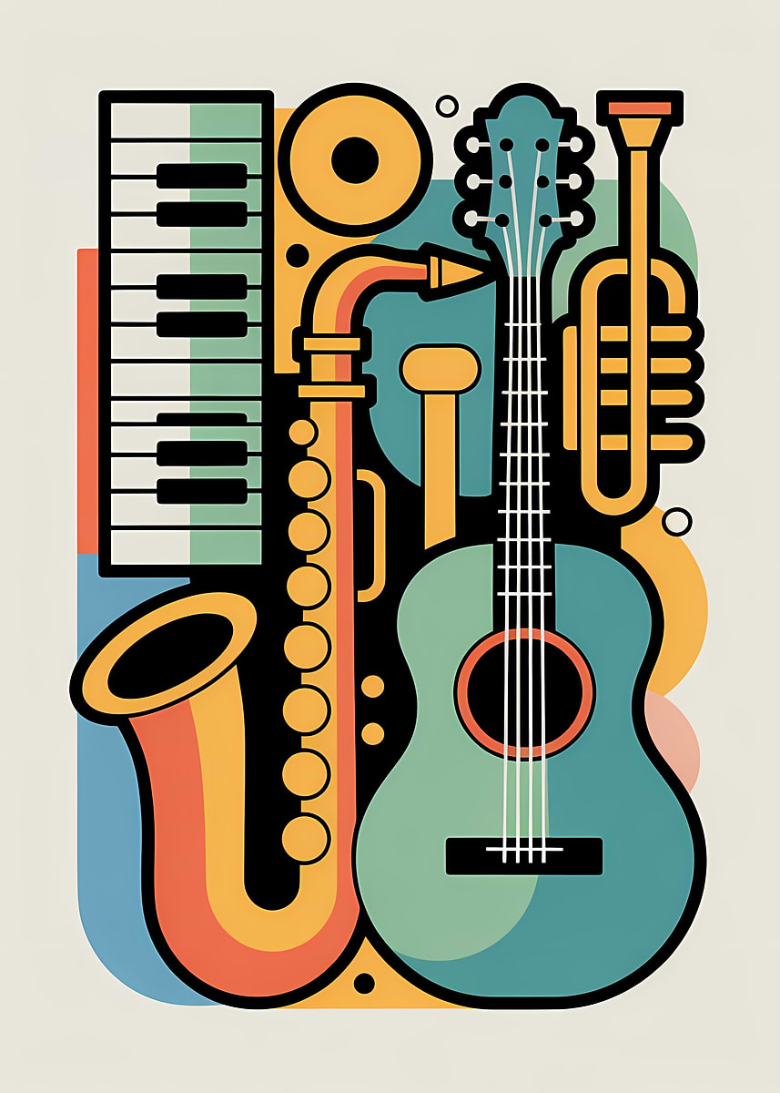 Music Instrument Drawing Collage 'Musical Instruments Collage' Poster, picture, metal print, paint by ...