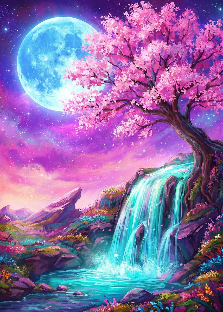 'Enchanting Cherry Blossom Waterfall Under a Full Moon' Poster, picture ...