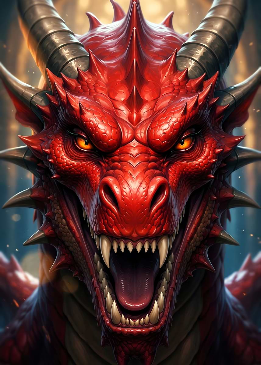 Fierce Red Dragon Portrait' Poster, picture, metal print, paint by