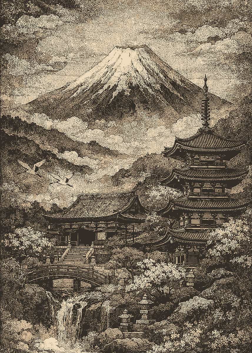 Mount Fuji and Japanese Temple' Poster, picture, metal print