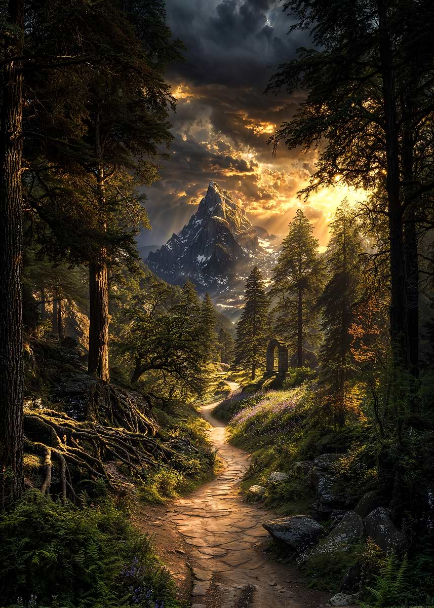 The Trail to the Elder Peak — from the Forgotten Fantasy Realms collection, a Pixaverse metal print