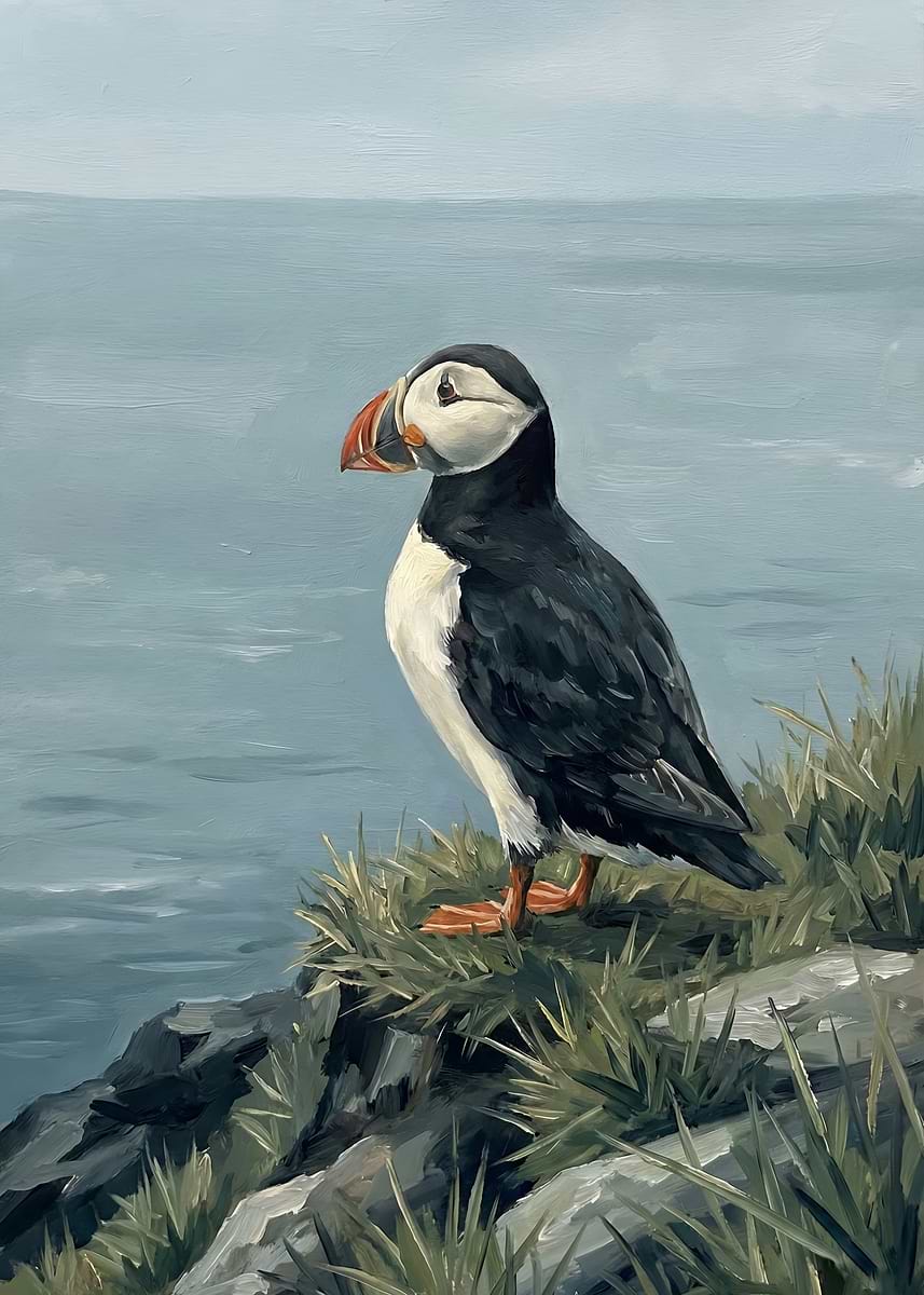 Puffin on a Cliff Overlooking the Ocean' Poster, picture, metal