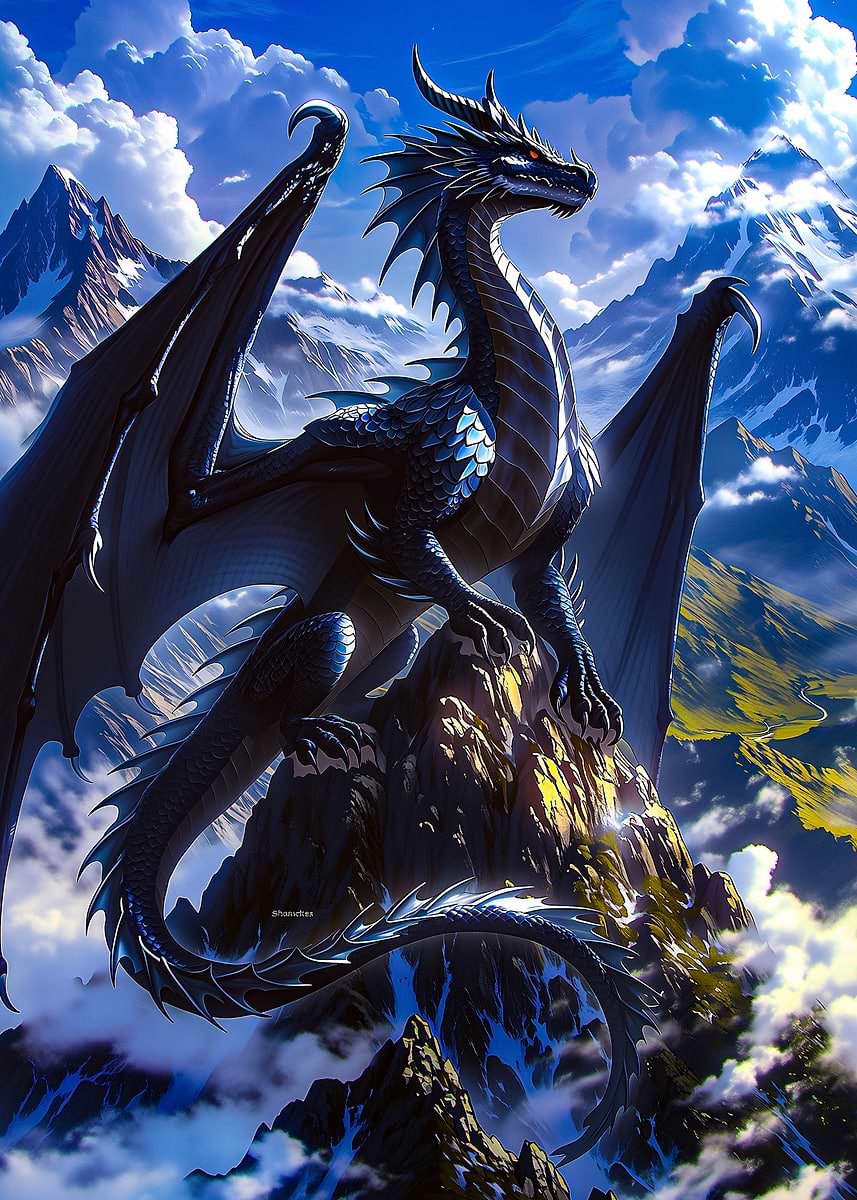 Majestic Dragon on Mountain Peak' Poster, picture, metal print