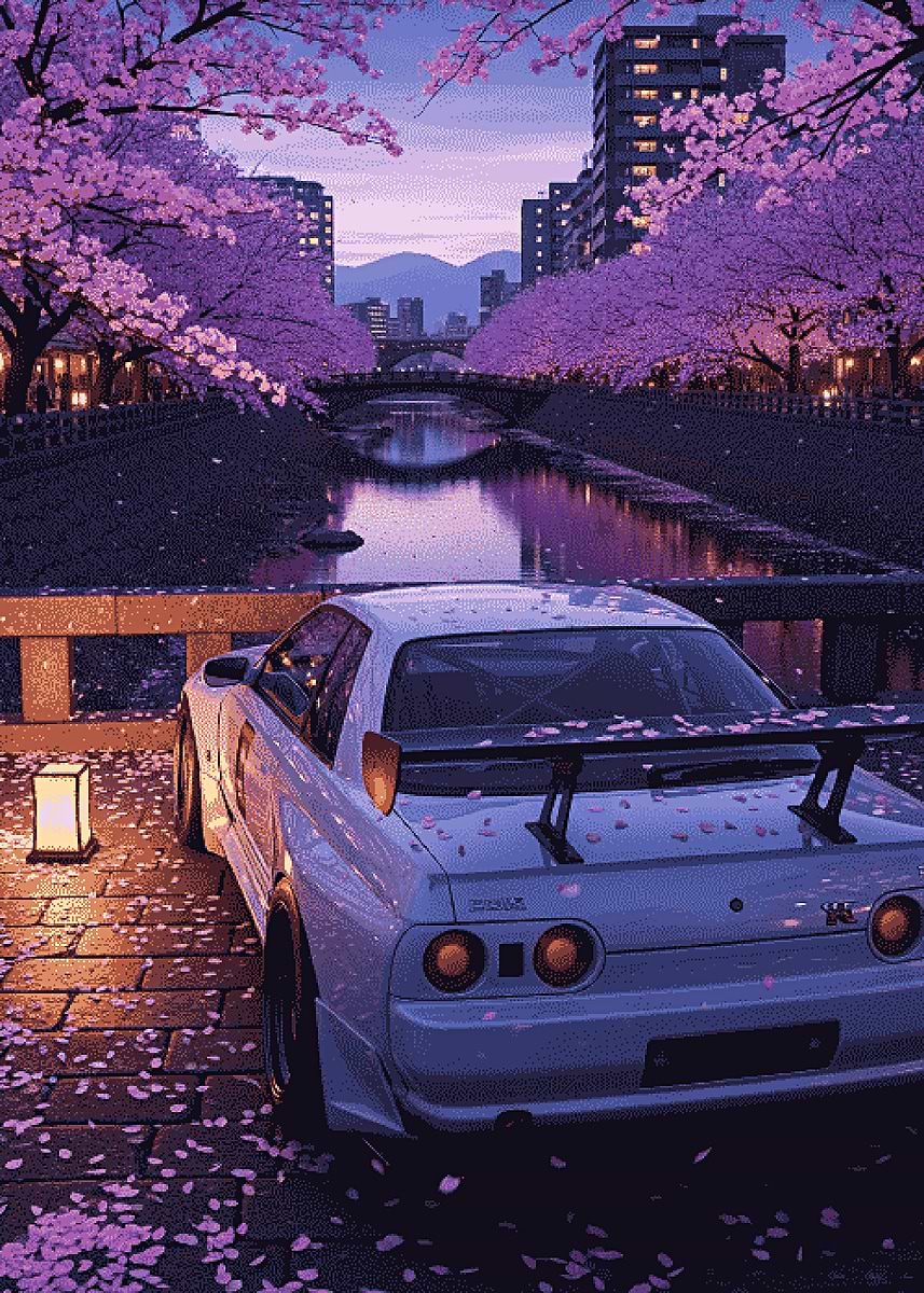 Car parked by cherry blossom canal' Poster, picture, metal print