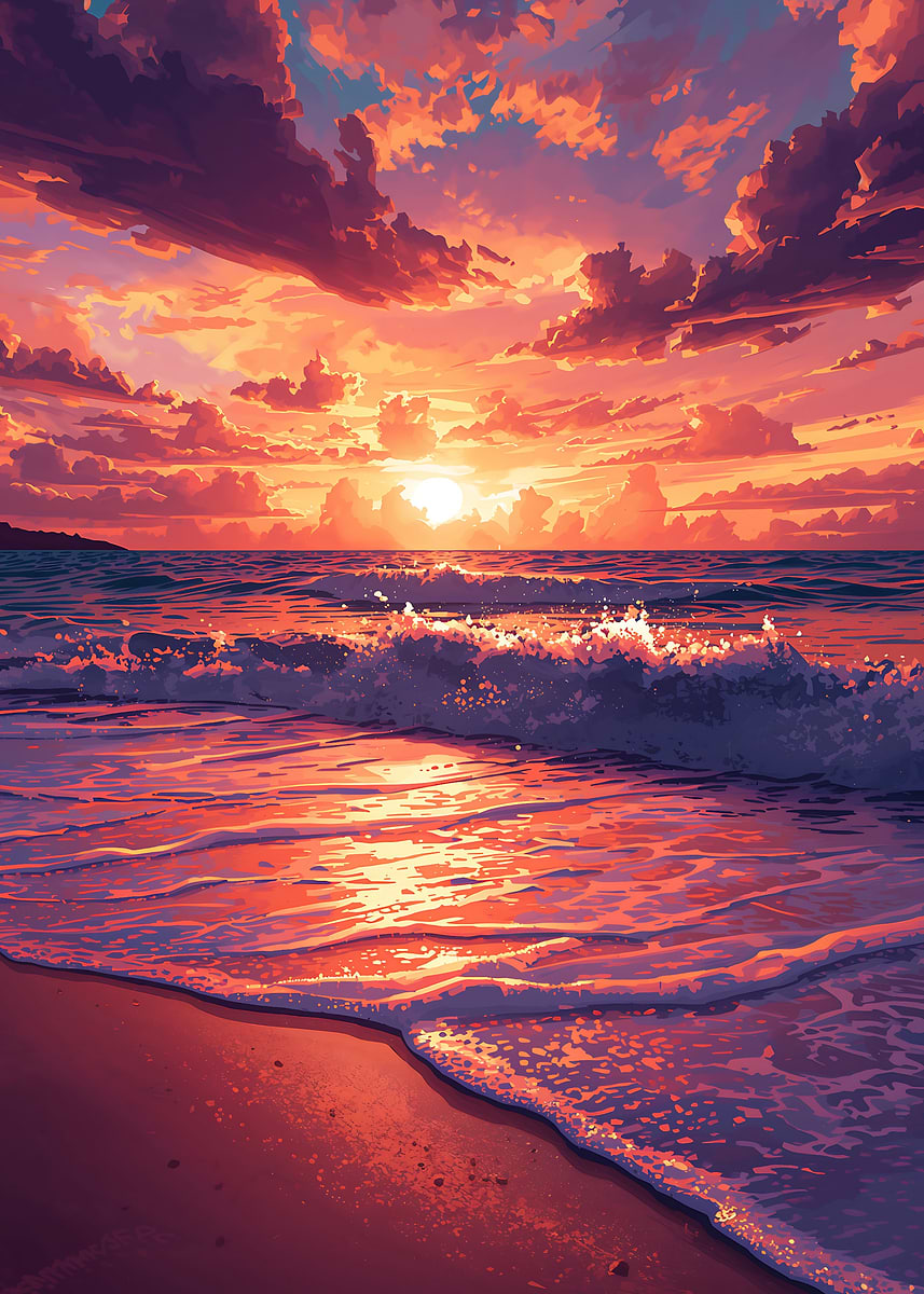 Vibrant Sunset Over the Ocean' Poster, picture, metal print, paint
