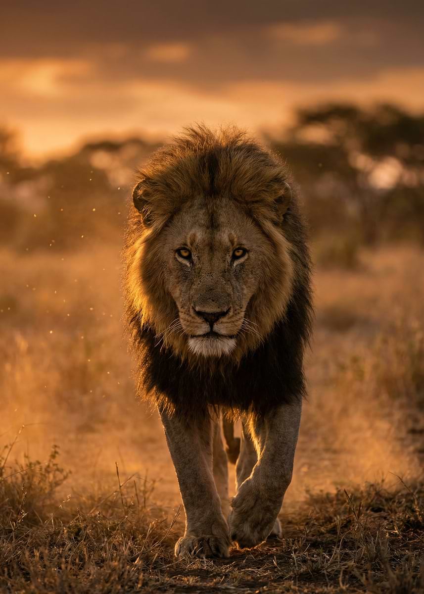 Majestic Lion Walking at Sunset' Poster, picture, metal print