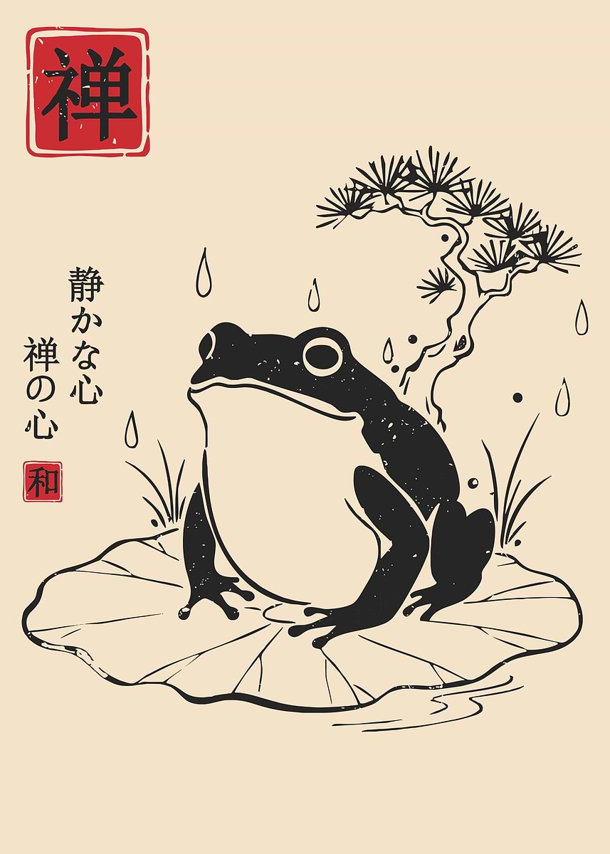 Zen Frog Poster, Japanese Ink Wash Art Print, Tranquil Lily Pad