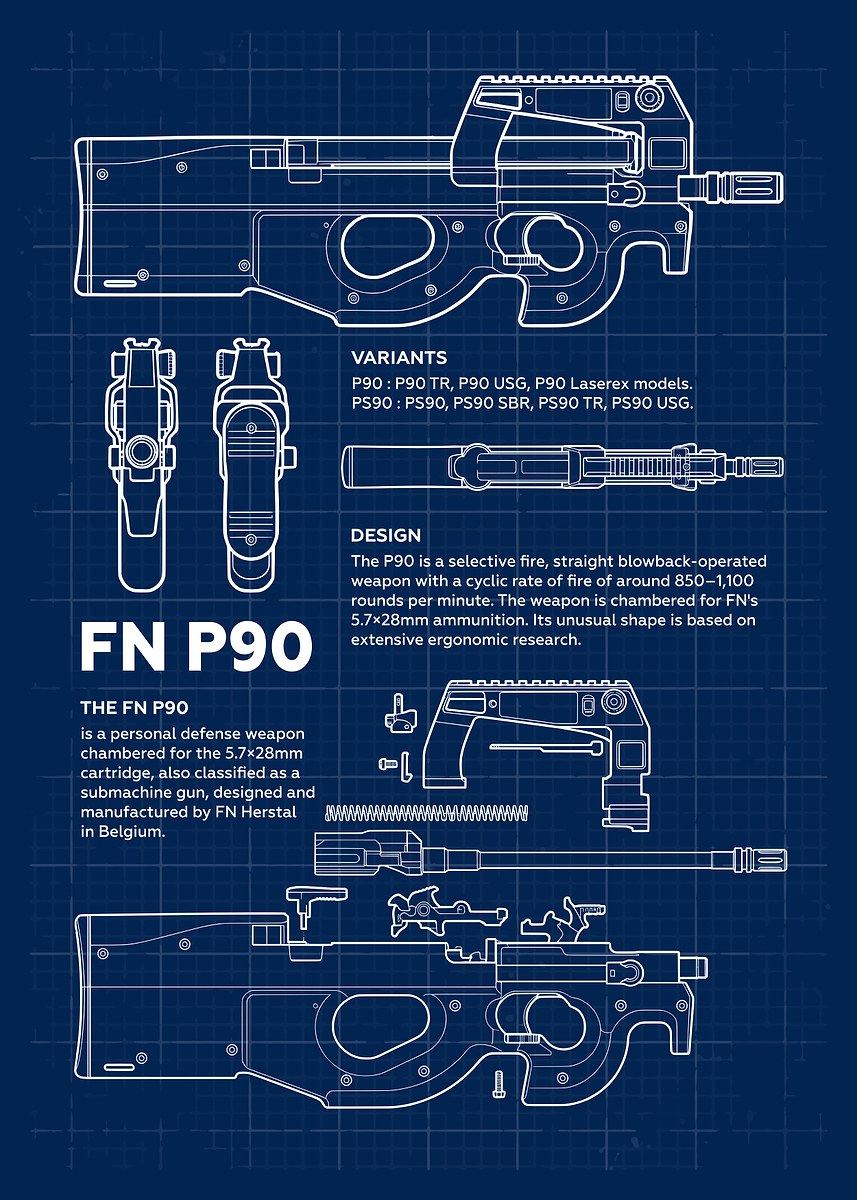 'FN P90 Blueprint' Poster, picture, metal print, paint by Illust Artz ...