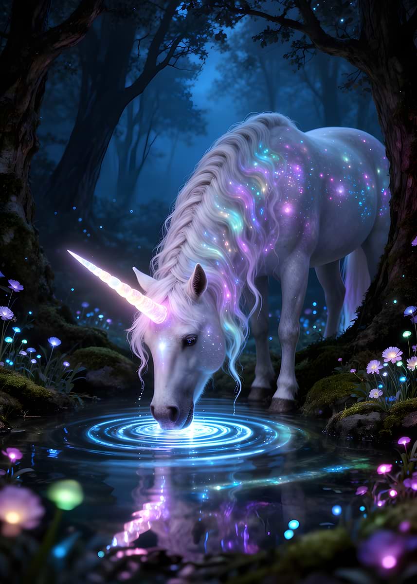 'Magical Unicorn Drinking from a Glowing Pond' Poster, picture, metal ...