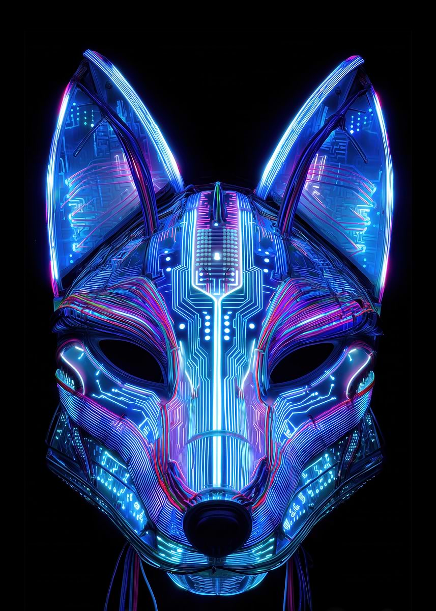 'Neon Cyberpunk Kitsune Mask' Poster, picture, metal print, paint by ...