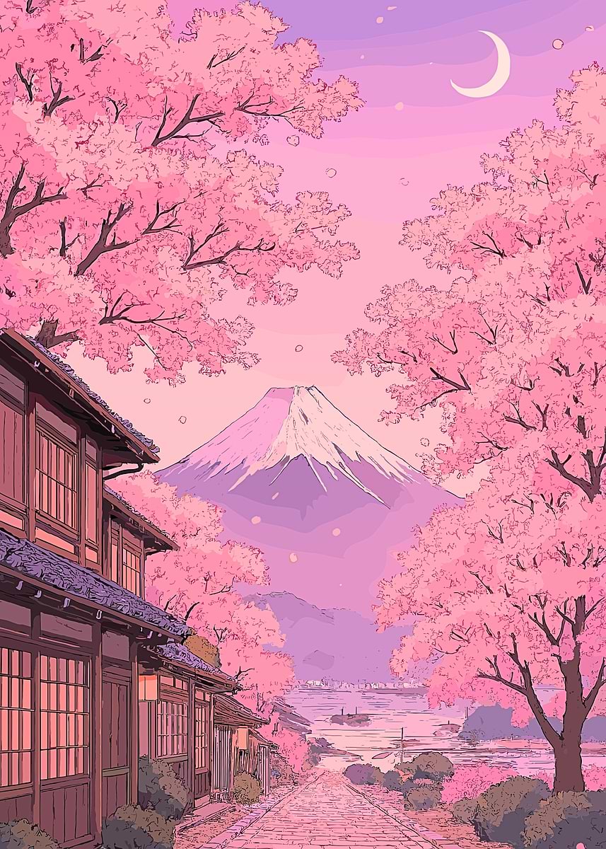 Japanese street cherry blossom trees' Poster, picture, metal print