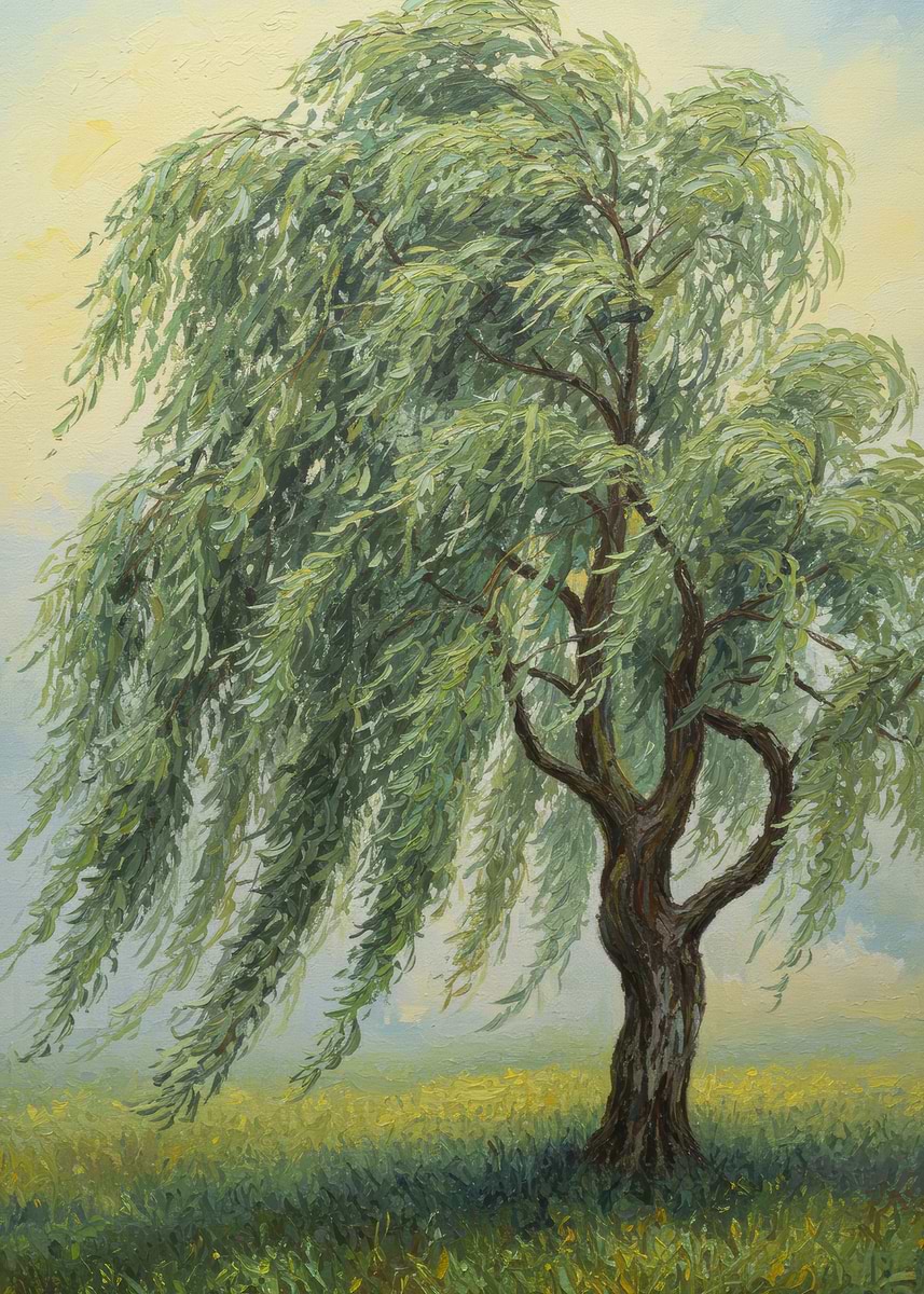 'Weeping Willow Tree in a Field' Poster, picture, metal print, paint by ...