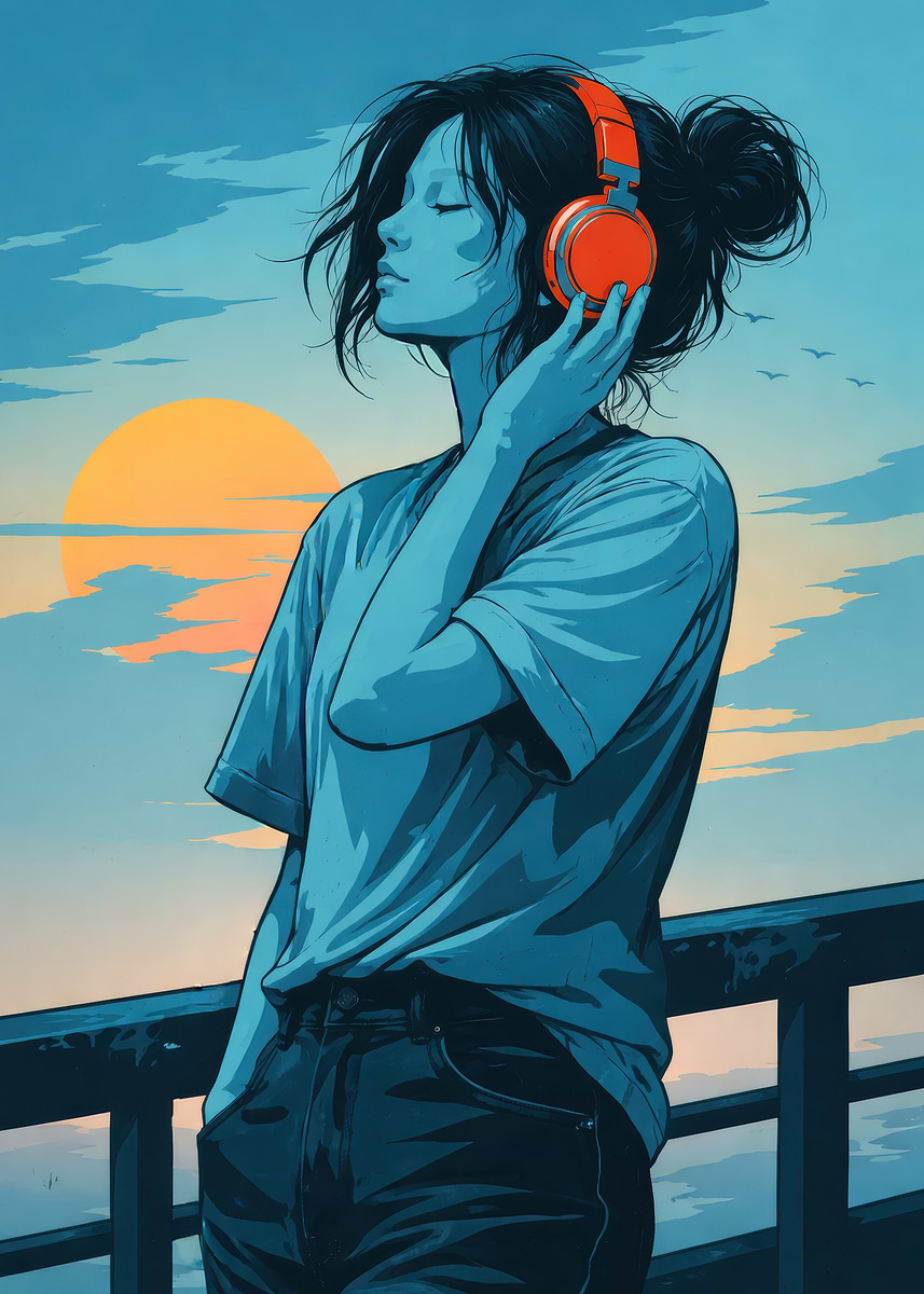 絵画 Listening Woman listening to music at sunset' Poster, picture, metal print
