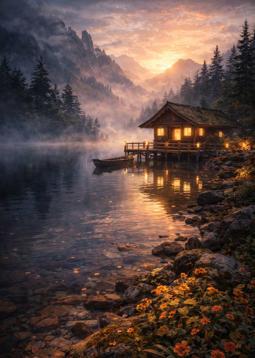 'Cozy Cabin by Misty Lake at Sunset' Poster, picture, metal print ...