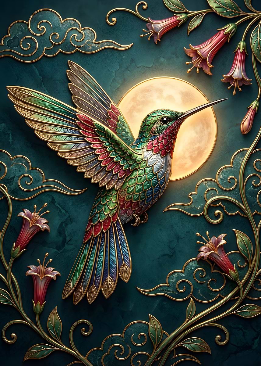 'Hummingbird with Moon and Flowers' Poster, picture, metal print, paint ...