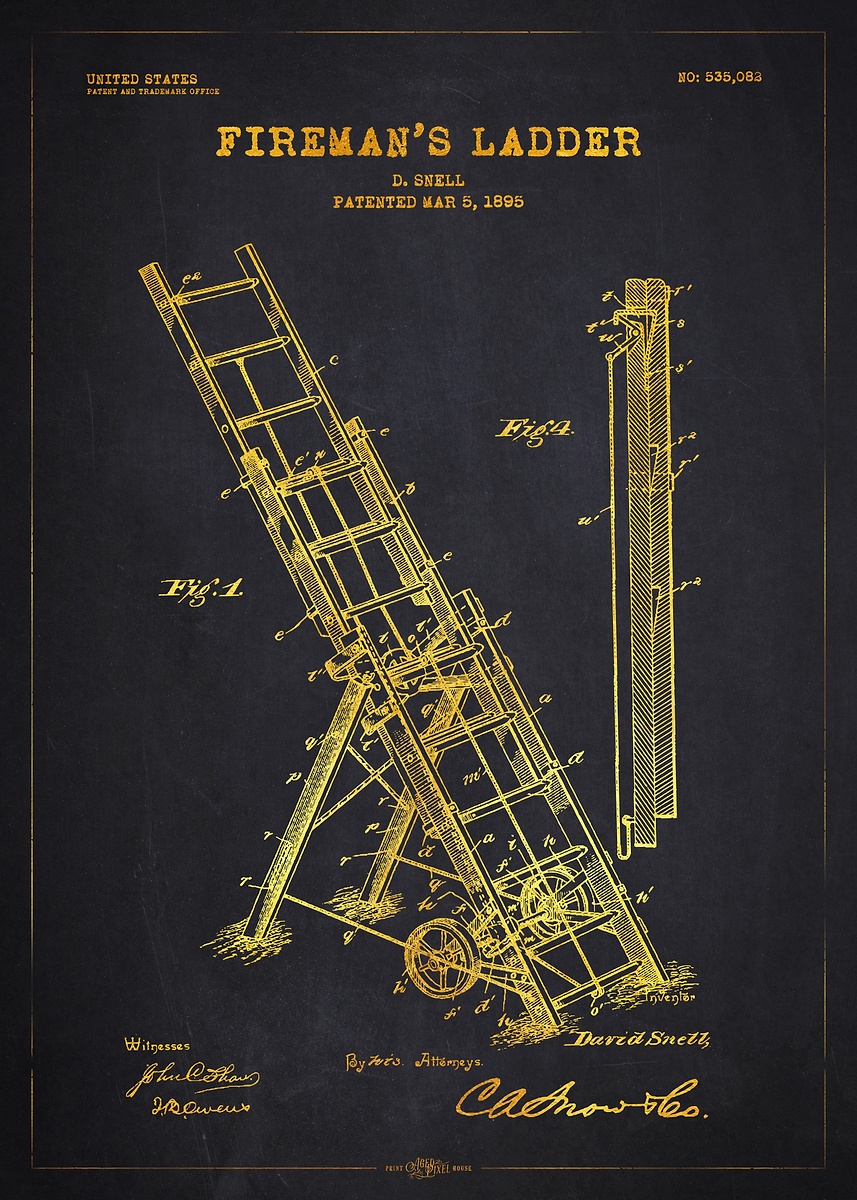 '1895 Fireman's Ladder Patent Gold' Poster, picture, metal print, paint ...