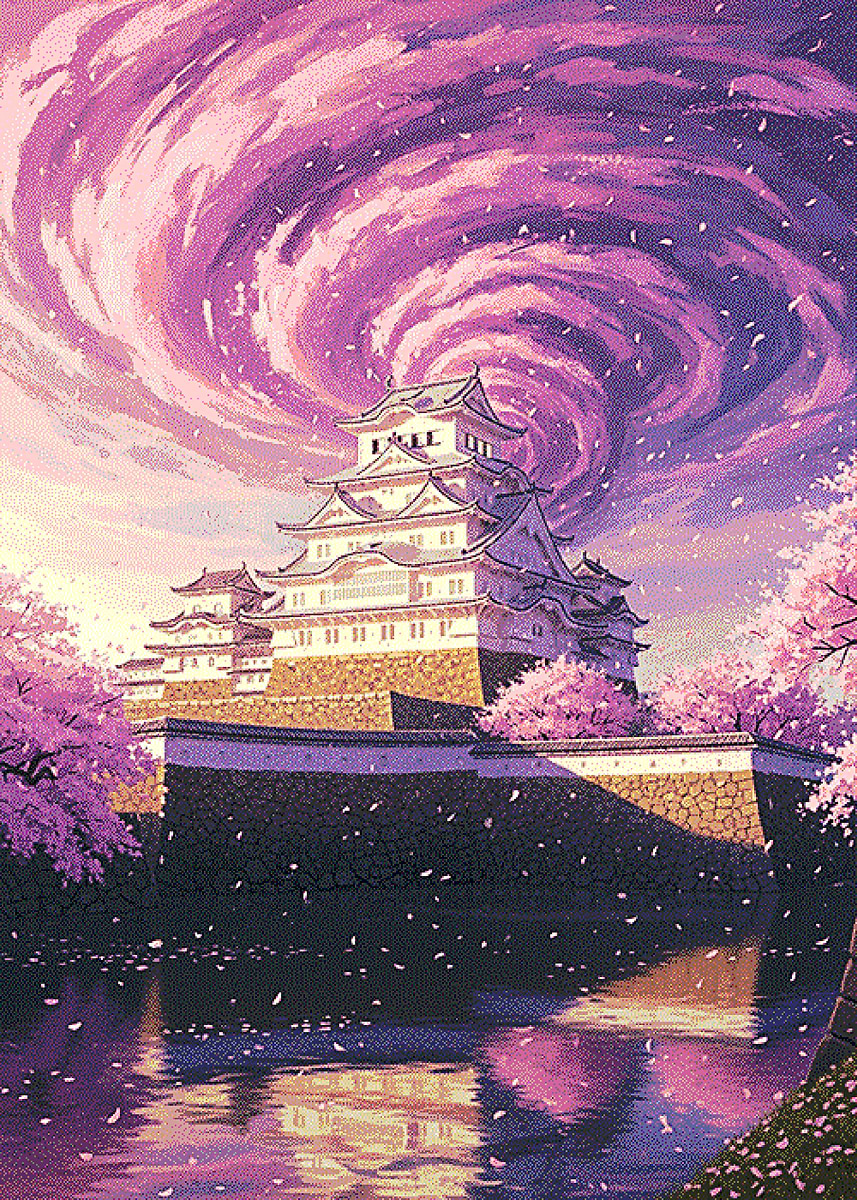 絵画 REVERIE 150 - 5 Japanese Castle with Cherry Blossoms and Swirling Sky' Poster