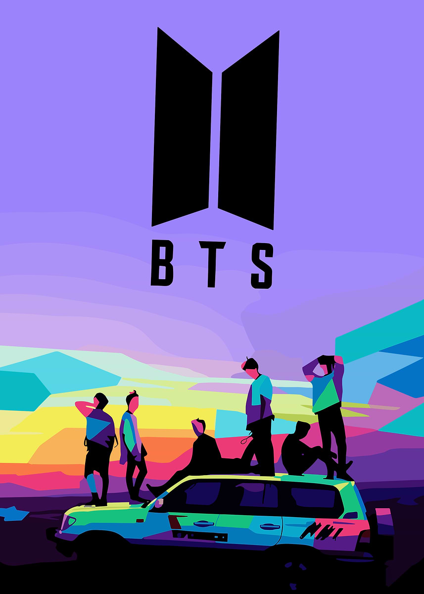 BTS Group on Car with Logo' Poster, picture, metal print, paint by