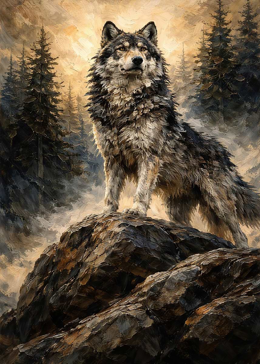'Majestic Wolf on Rocky Outcrop' Poster, picture, metal print, paint by ...
