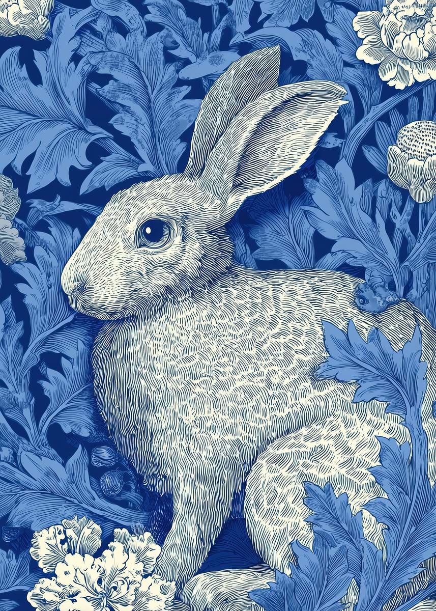 Rabbit Pattern Blue 'Rabbit in Blue Floral Pattern' Poster, picture, metal print, paint by ...