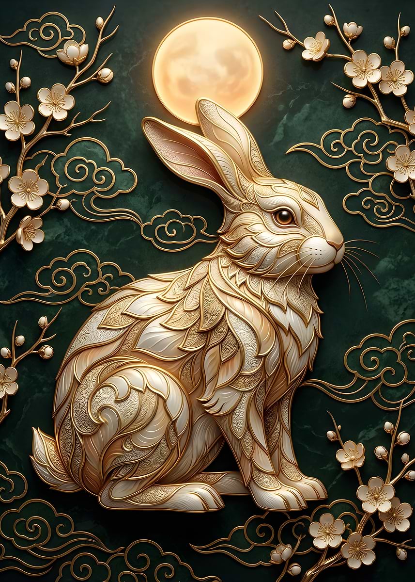 Gold Rabbit Over 'Golden Rabbit Under the Moon' Poster, picture, metal print, paint by ...