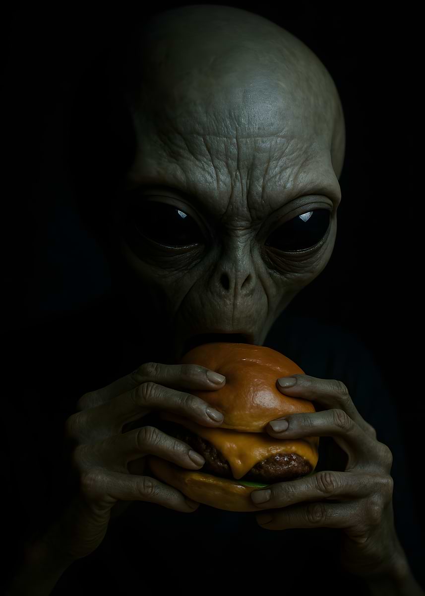 'Alien Eating a Cheeseburger' Poster, picture, metal print, paint by ...