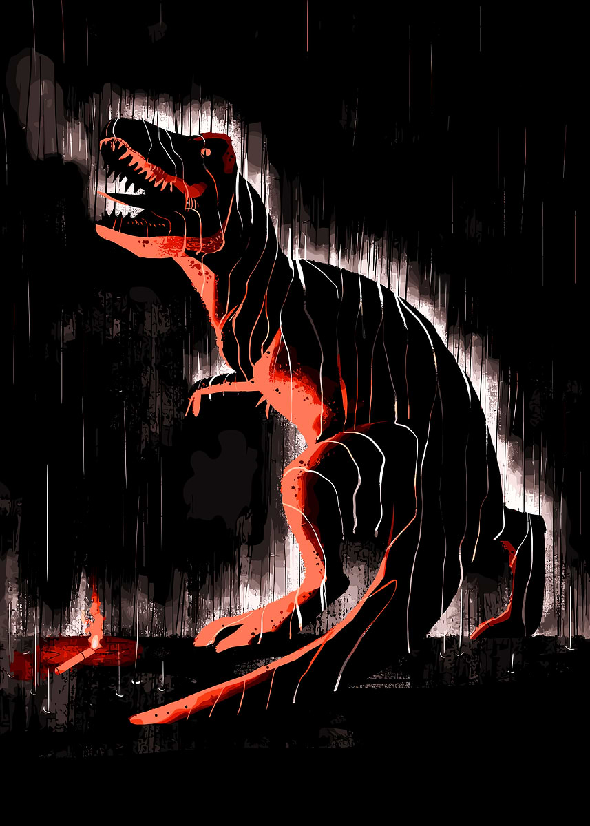 Dinosaur in the Rain' Poster, picture, metal print, paint by