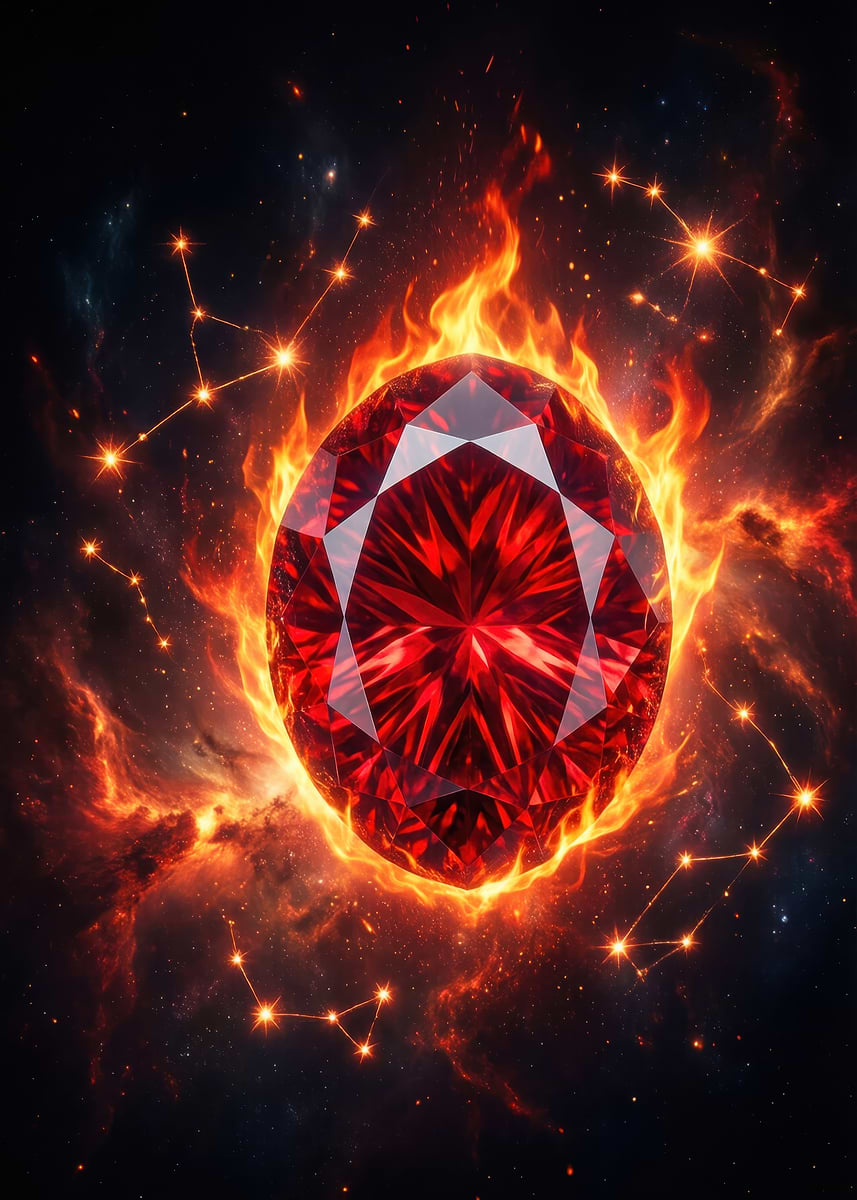 'Fiery Ruby Gemstone in Cosmic Constellations' Poster, picture, metal ...