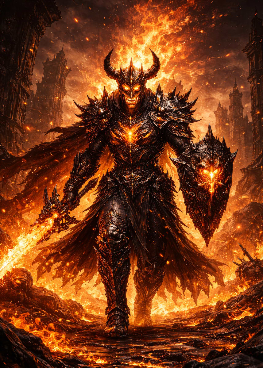'Fiery Demon Warrior in Armor' Poster, picture, metal print, paint by ...