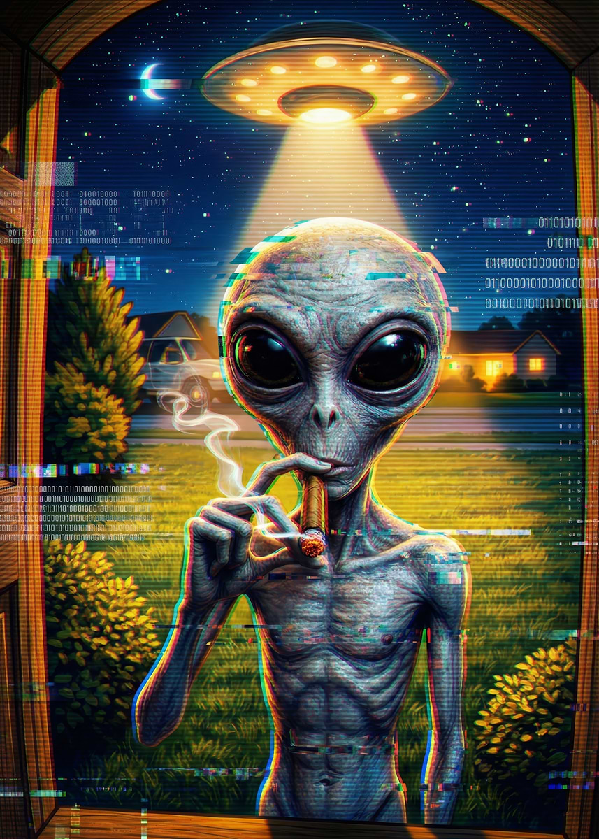 'Alien Smoking a Cigar Under a UFO' Poster, picture, metal print, paint ...