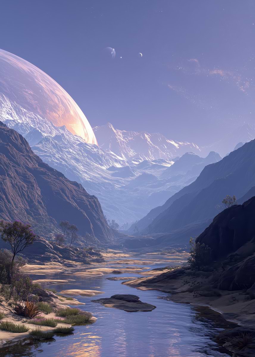 Alien Planet Landscape with River and Mountains' Poster, picture