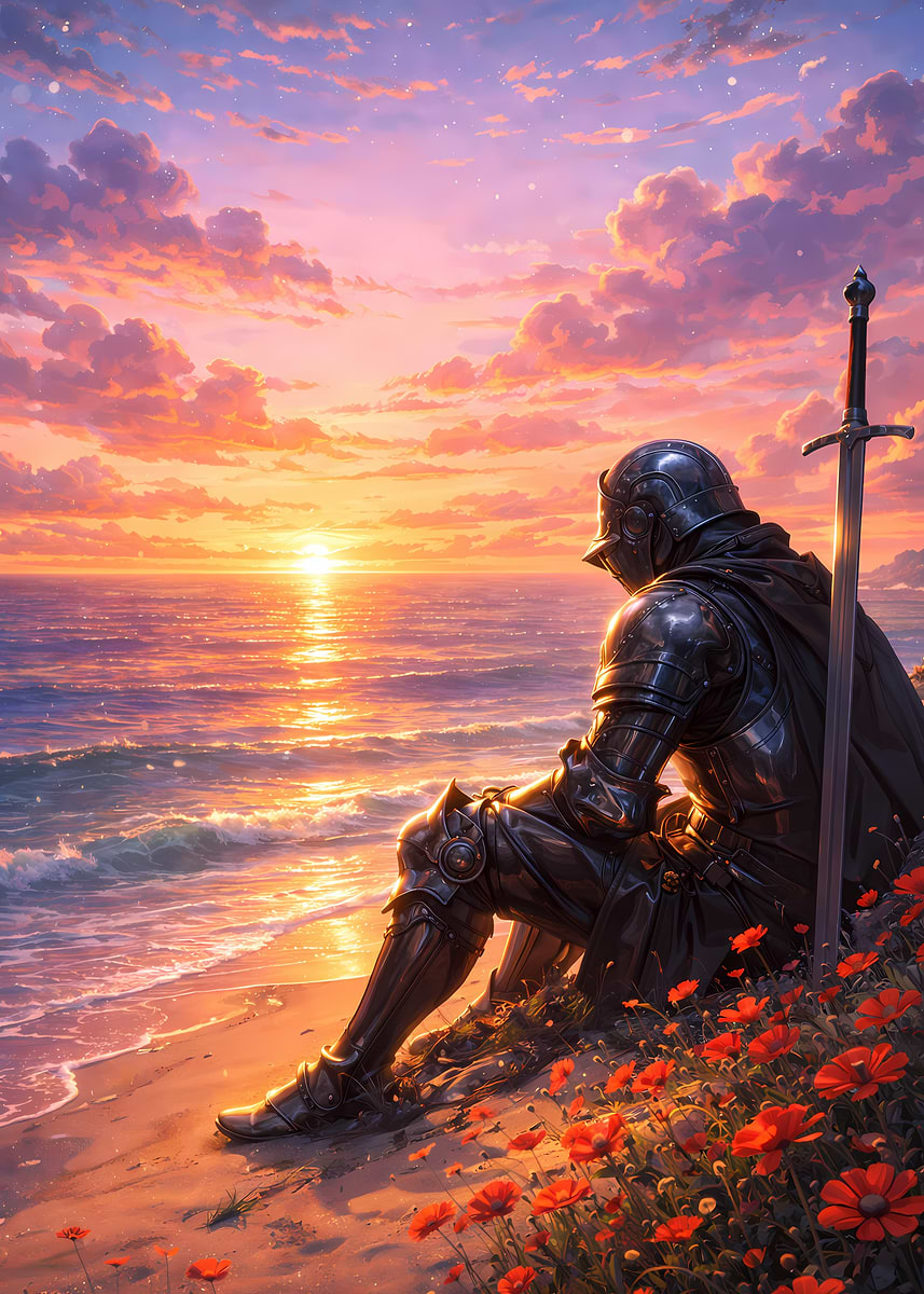 Knight Playing Pool 'Knight by the Sea at Sunset' Poster, picture, metal print, paint by ...