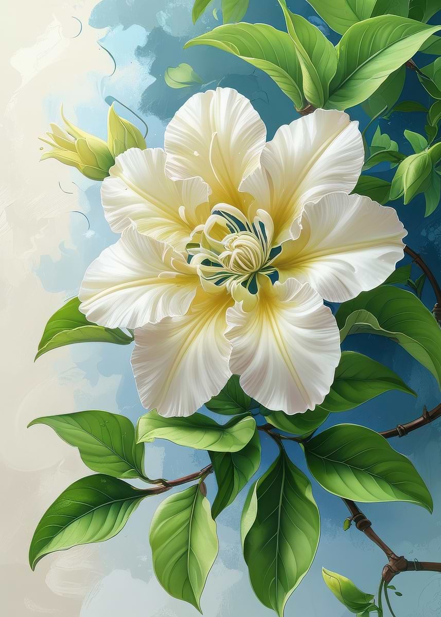 Dpicture 'White Flower with Green Leaves' Poster, picture, metal print, paint by ...