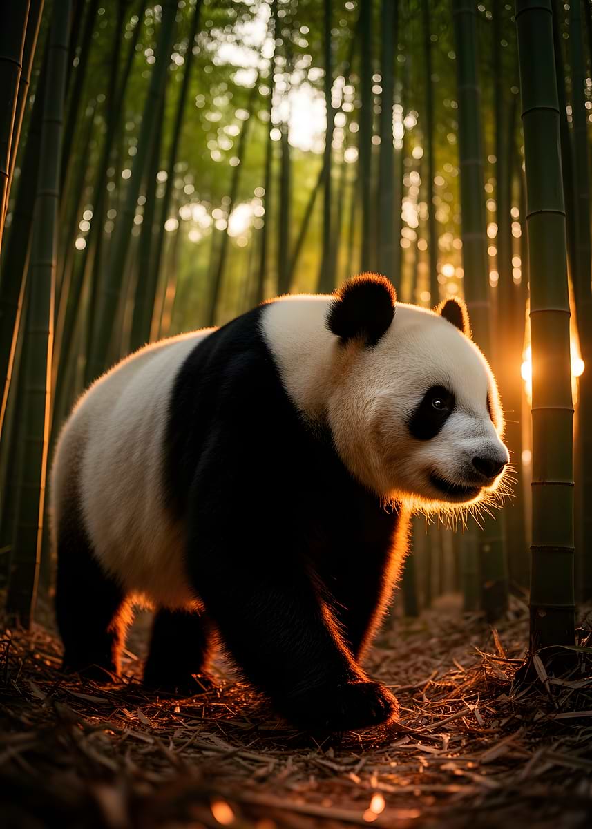 'Panda in Bamboo Forest at Sunset' Poster, picture, metal print, paint ...