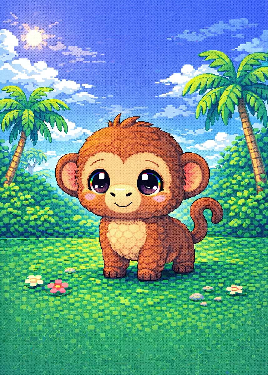 Cute Pixel Art Monkey in Tropical Setting' Poster, picture, metal