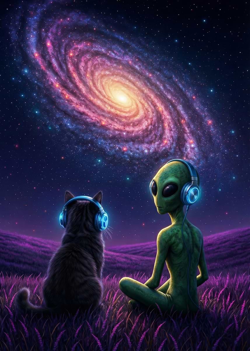 'Alien and Cat Listening to Music in Space' Poster, picture, metal ...