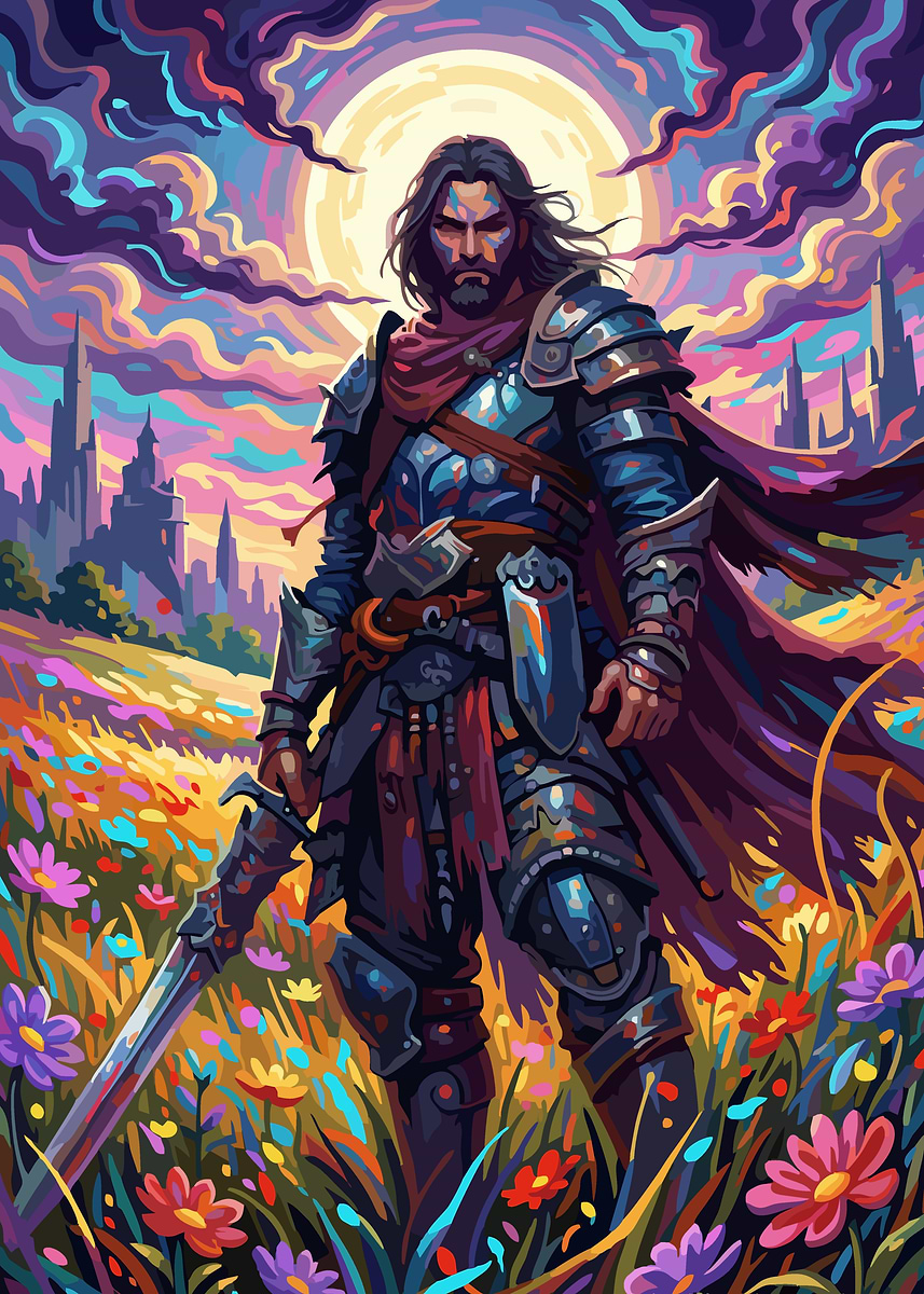 Fantasy Knight In A Flower Field Poster Picture Metal Print Paint fantasy-knight-in-a-flower-field-poster-picture-metal-print-paint