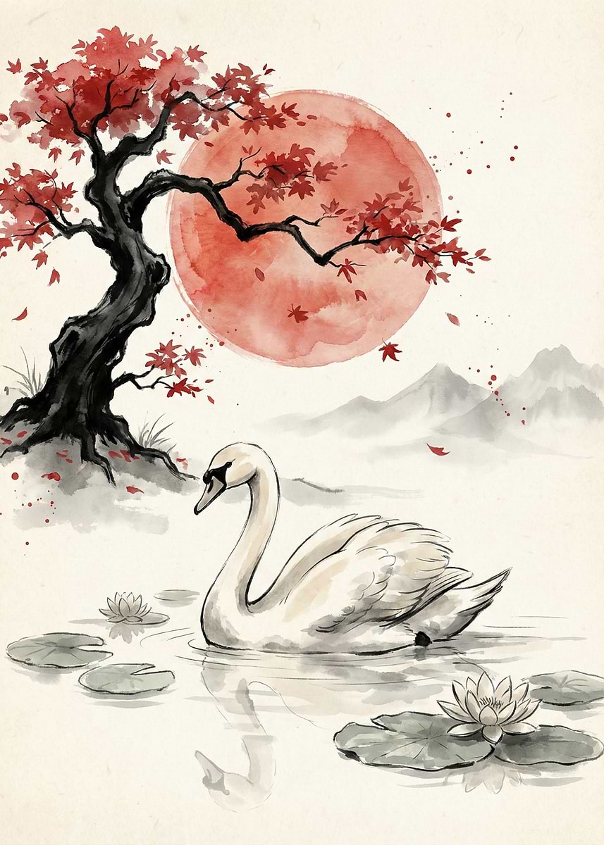 Swan in a Japanese-inspired Pond' Poster, picture, metal print