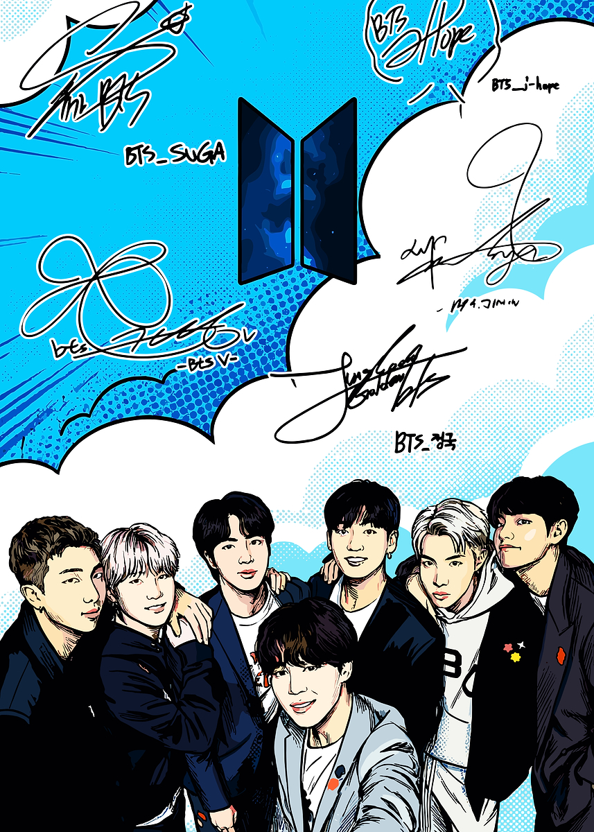'BTS Members with Signatures' Poster, picture, metal print, paint by ...