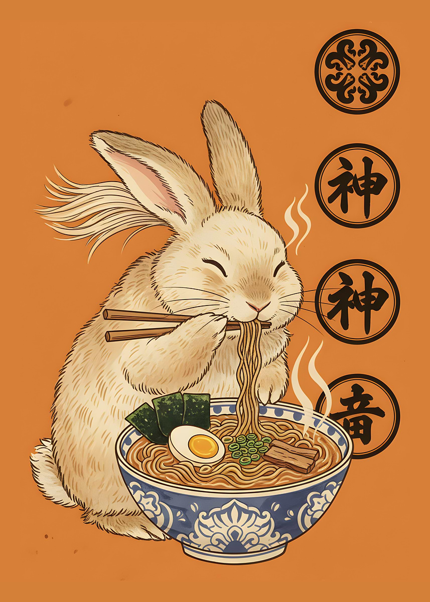 'Kawaii Rabbit Ramen - Japanese Zen Animal' Poster, picture, metal ...