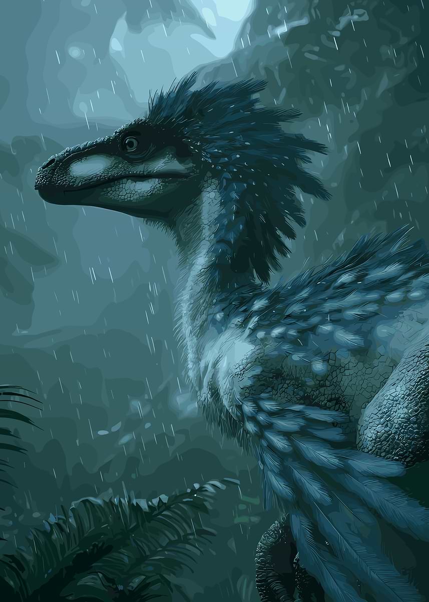 Feathered Dinosaur in Rain' Poster, picture, metal print, paint by
