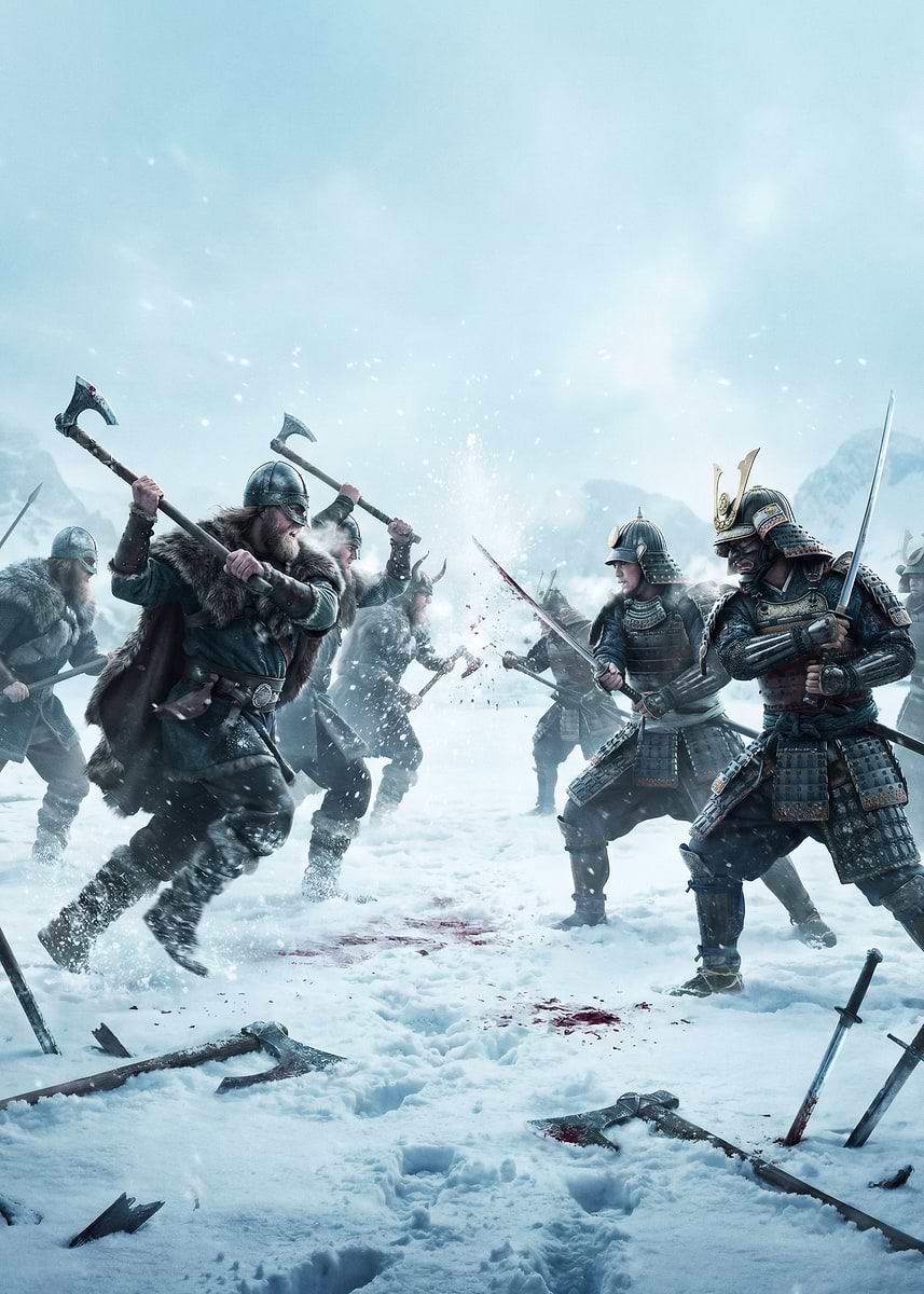 'Viking vs Samurai Battle in Snow' Poster, picture, metal print, paint ...